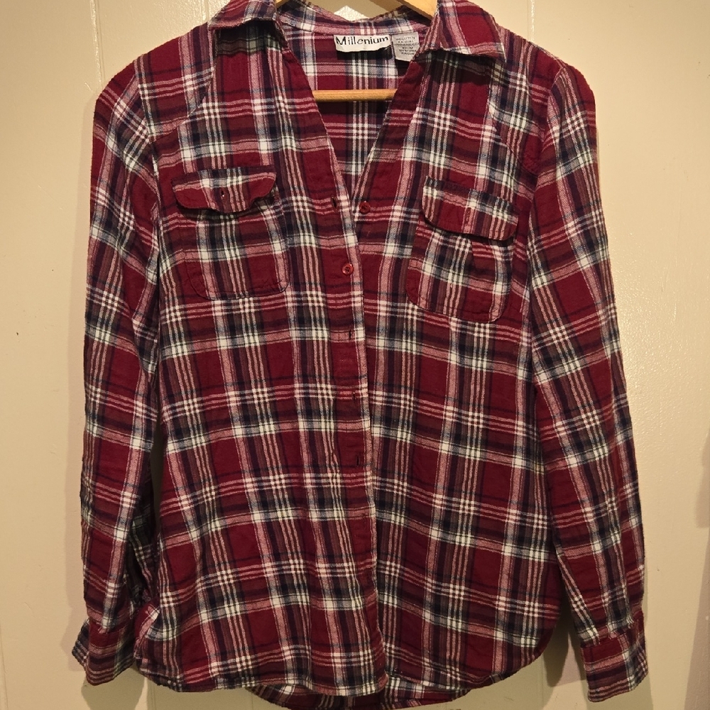 Millennium Women's Red Plaid Button Down Shirt
